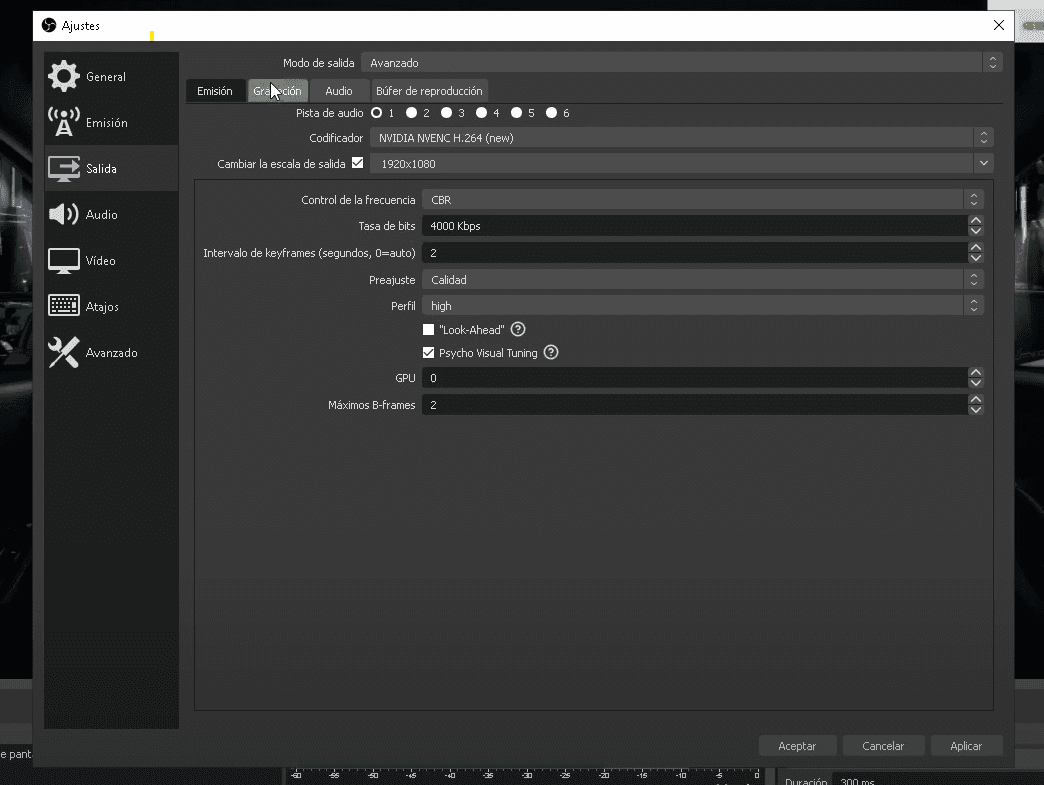 Imagen de la configuracion de obs con la gt710