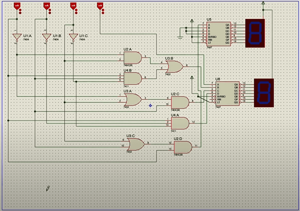 Sumador de 4 Bits con Displays de 7 Segmentos Tutorial de Proteus con 7408, 7432, 7404